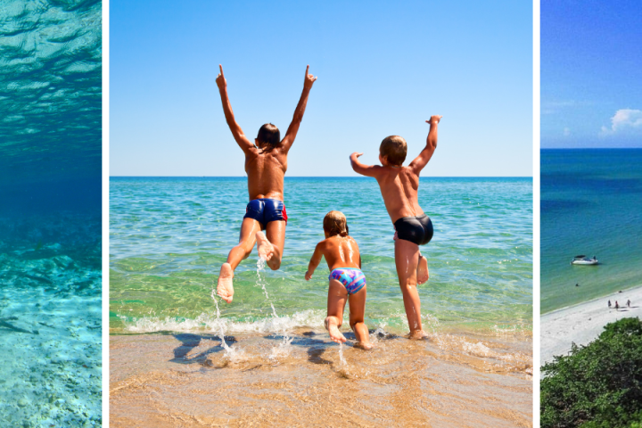 Manatee underwater, children jumping in ocean, lighthouse by beach.