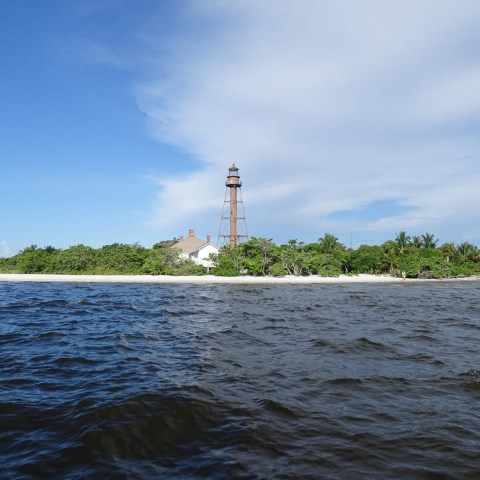 Island with a tall lighthouse, surrounded by trees, and bordered by the sea under a blue sky.